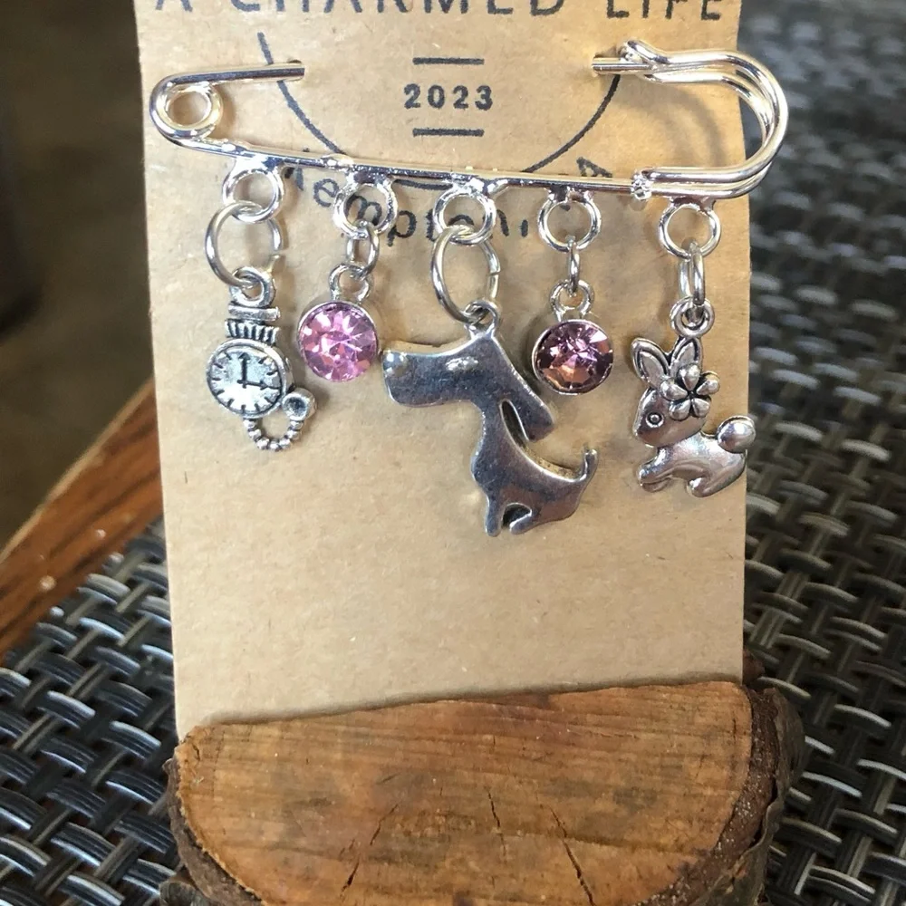 NWT, Handmade by A Charmed Life. Silver Pin with Adorable Silver Charms